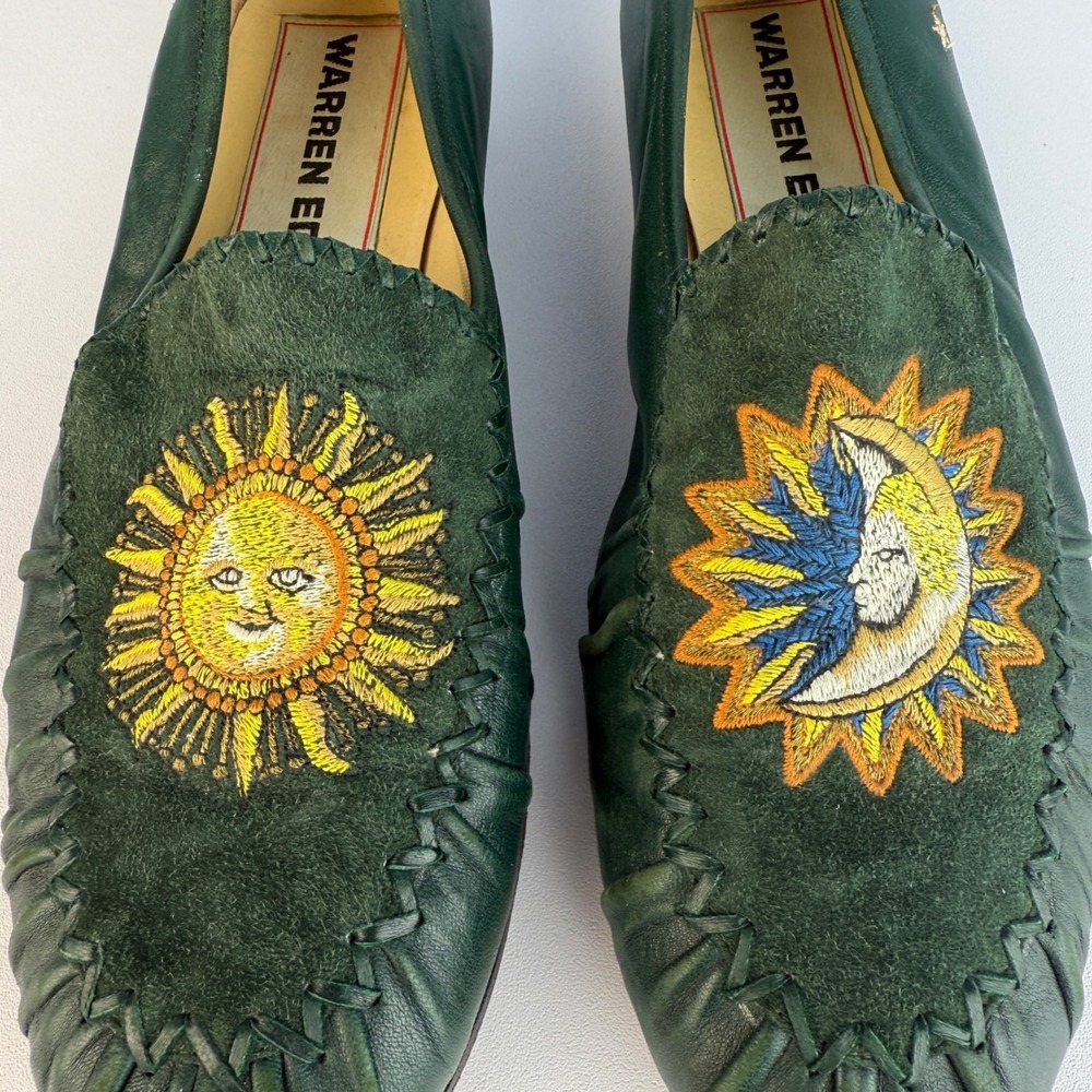 Susan Bennis Warren Edwards Leather Loafers Green Sun Moon Embroidery Italian - Picture 2 of 13